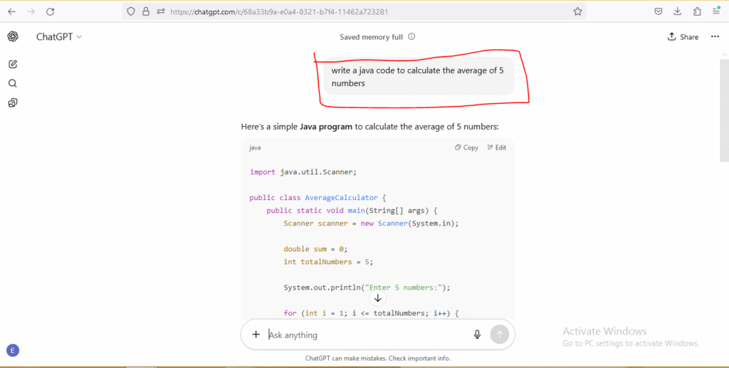 ChatGPT Usecase- writing a Java Code