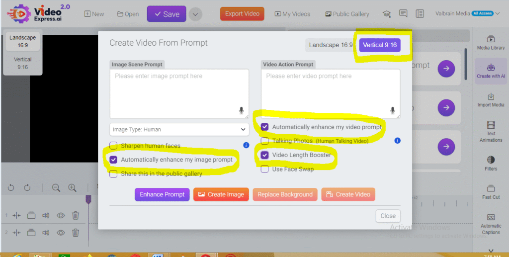 Selecting vertical 9:16 video orientation in VideoExpress AI for creating YouTube Shorts