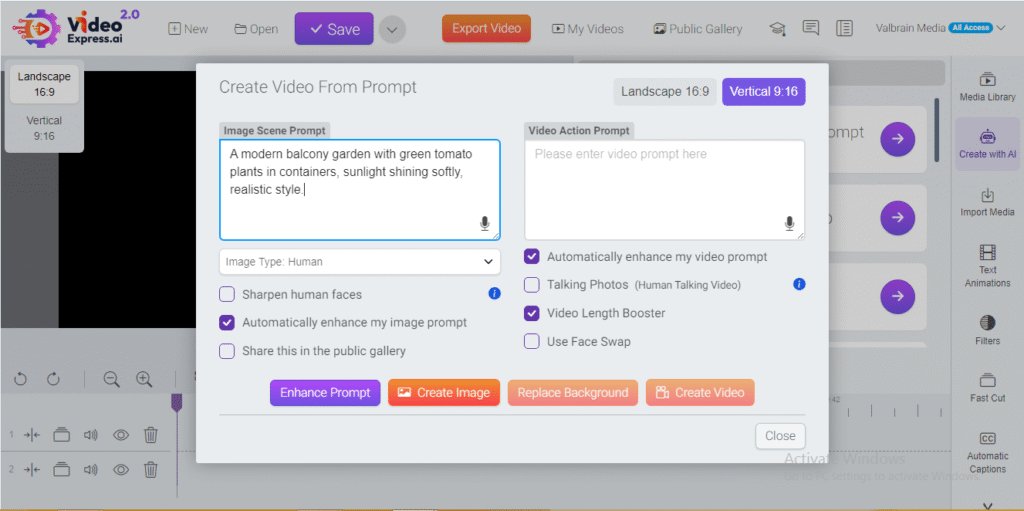 Typing an image scene prompt in VideoExpress AI and enhancing it automatically to create visuals for a YouTube Short