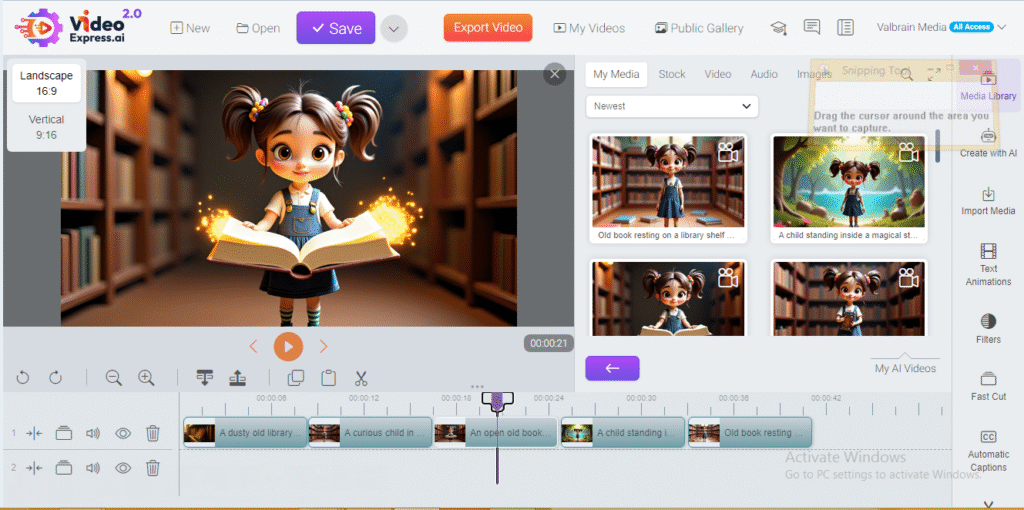 Editing cartoon scenes on the VideoExpress AI timeline