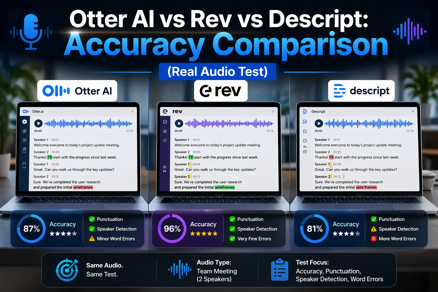 Otter AI vs Rev vs Descript: Accuracy Comparison (Real Audio Test)